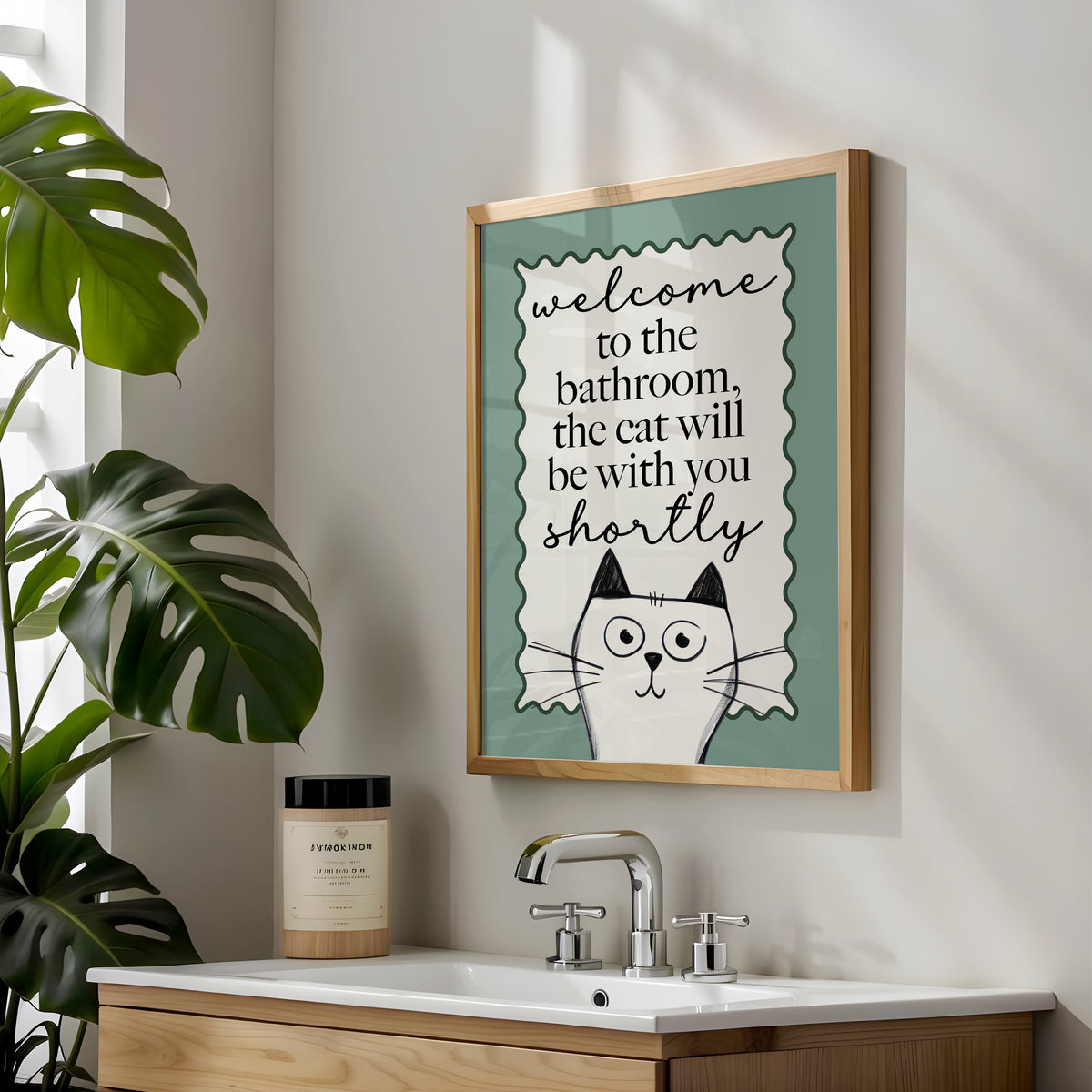 Sage Green Bathroom Print, Funny Cat Print
