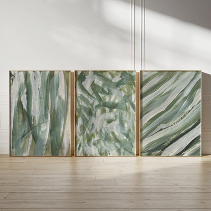 green abstract wall art set, set of 3 prints with abstract brush strokes in shades of sage green and olive green
