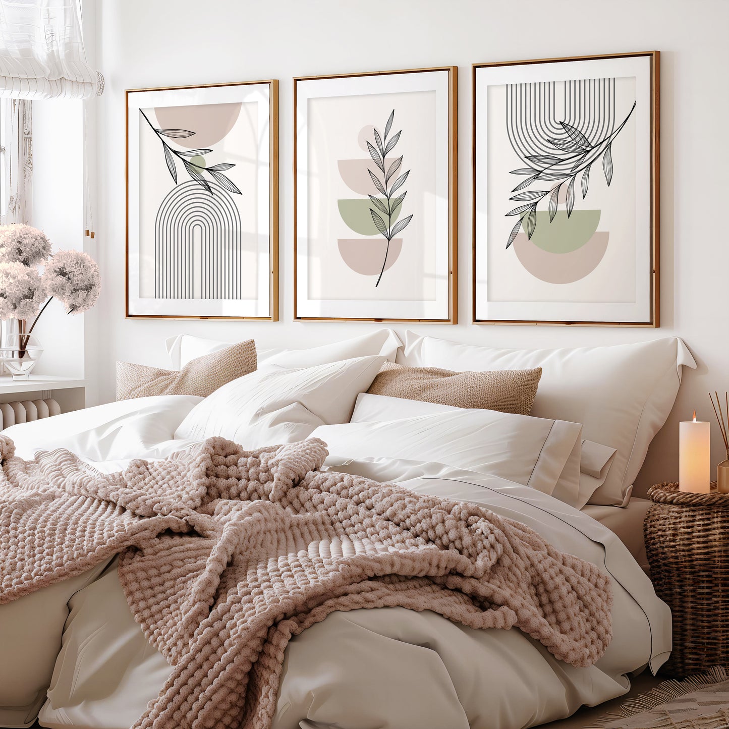 Trio of bedroom prints in watercolour pink and green with geometric shapes