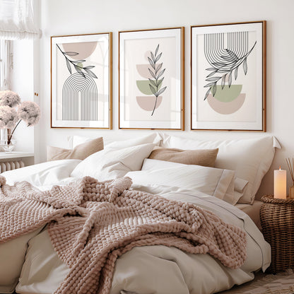 Trio of bedroom prints in watercolour pink and green with geometric shapes