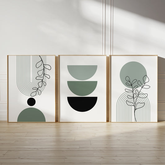 Set of 3 green boho wall art prints