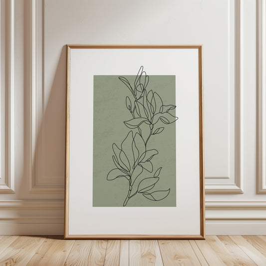 green botanical wall art print with plant line art
