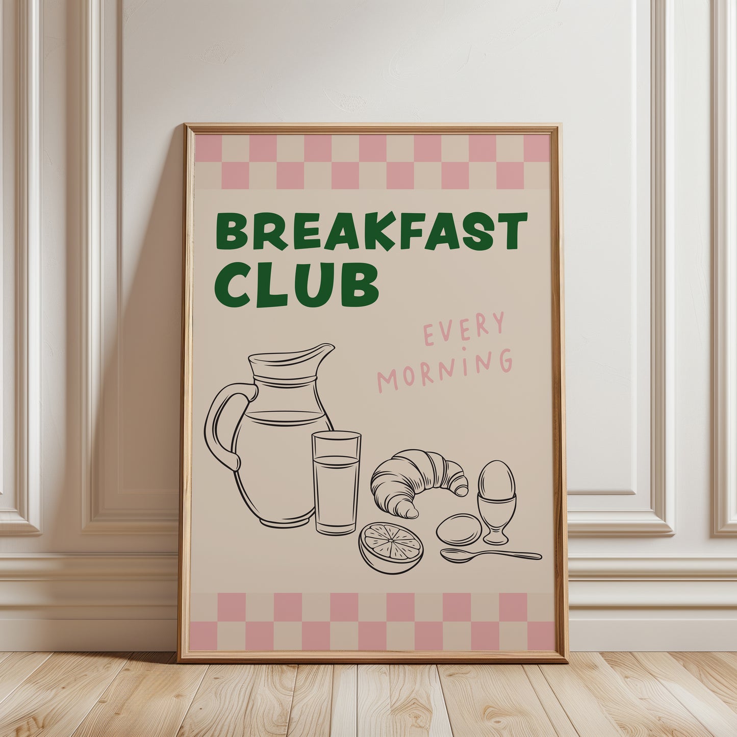 Green & pink kitchen print, breakfast club wall art with chequered border