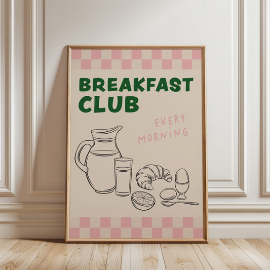 Green & pink kitchen print, breakfast club wall art with chequered border