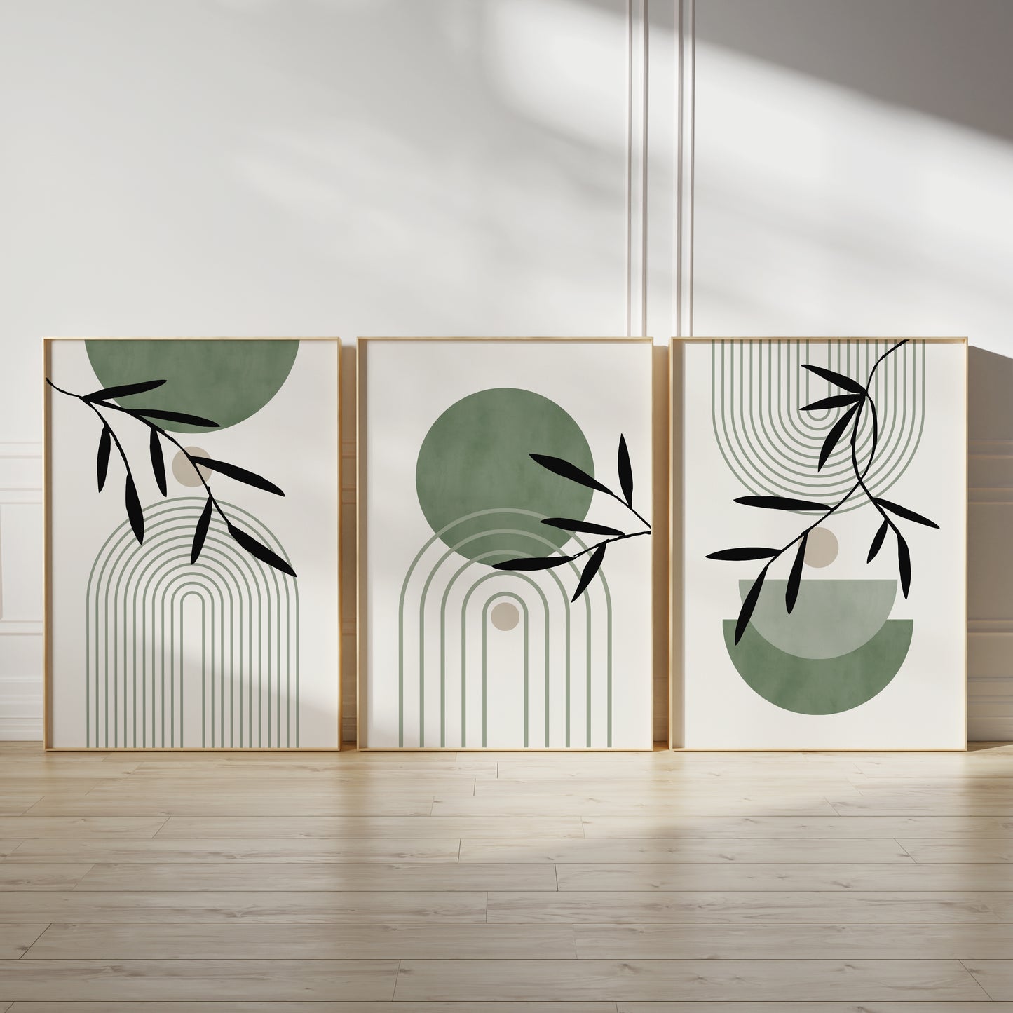 watercolour green geometric wall art set with plant illustrations