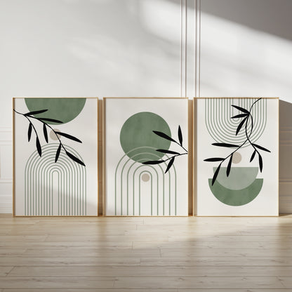 watercolour green geometric wall art set with plant illustrations