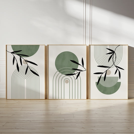 watercolour green geometric wall art set with plant illustrations