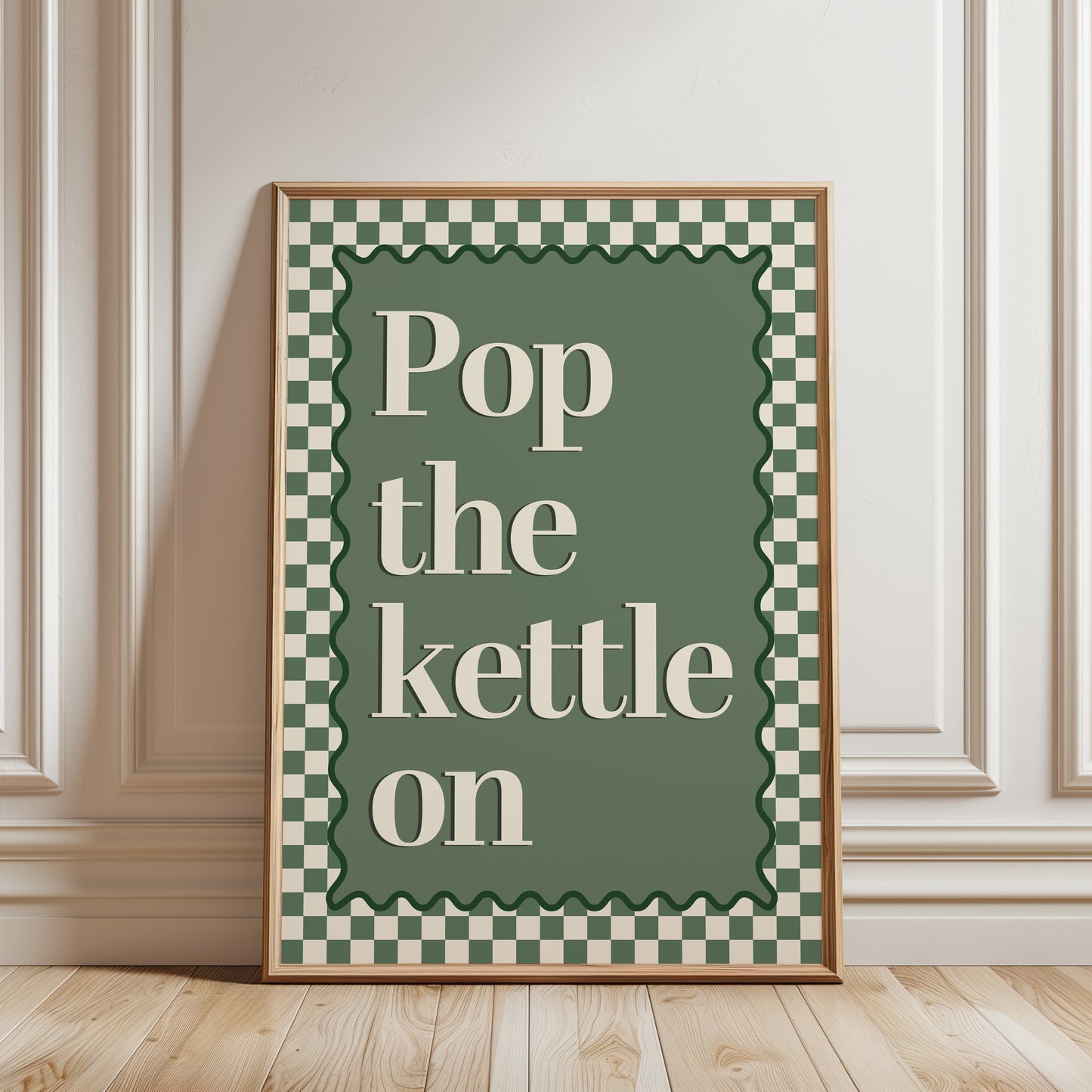 Green chequered kitchen print with quote "POP THE KETTLE ON"