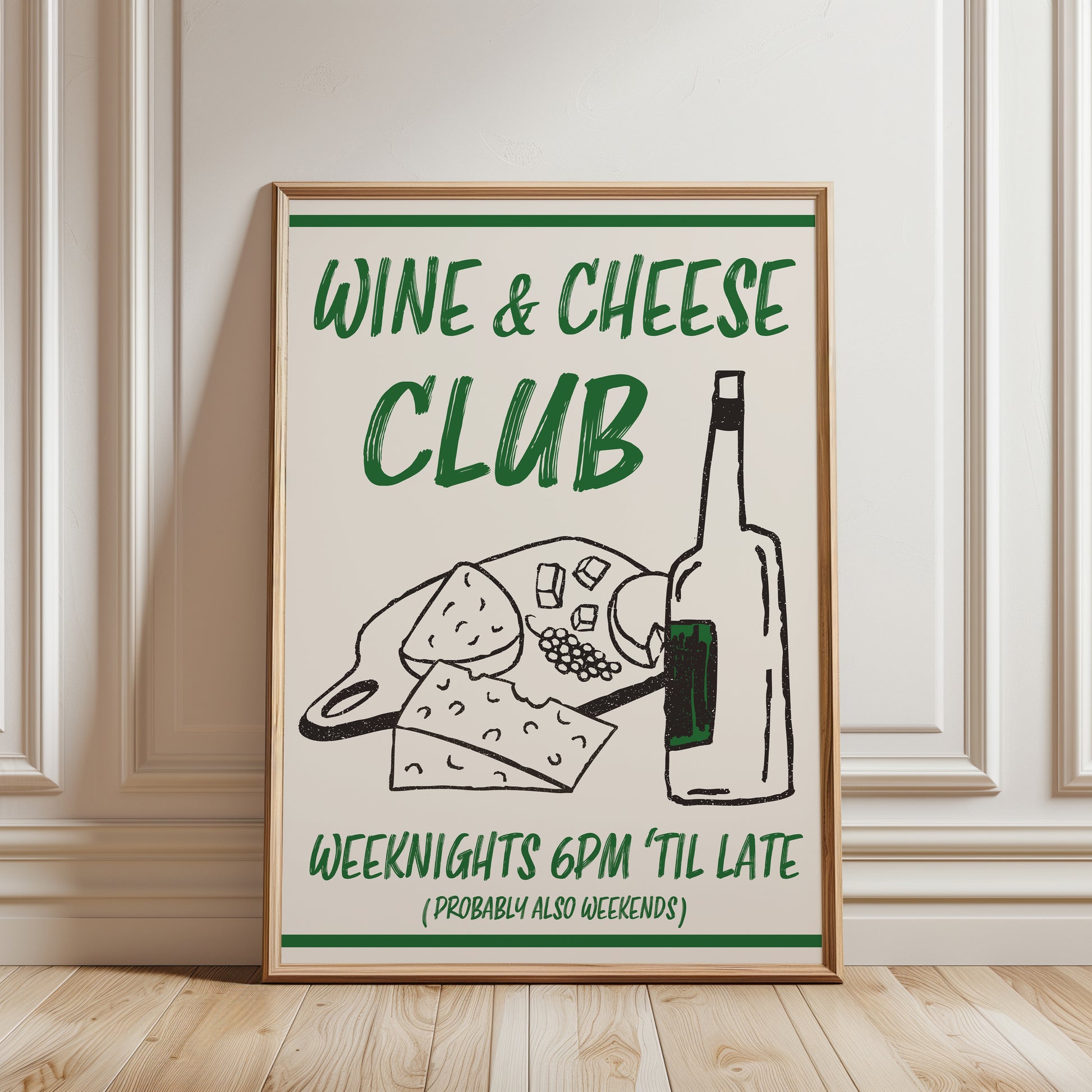 Wine & cheese club kitchen print in green
