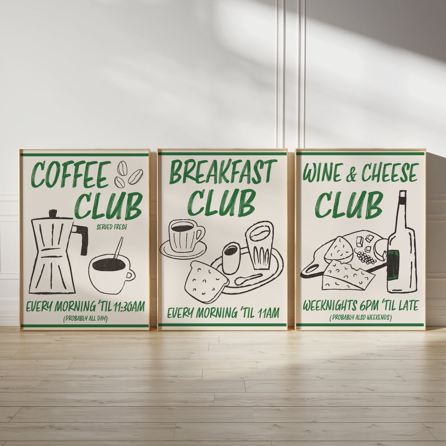 set of 3 green kitchen prints