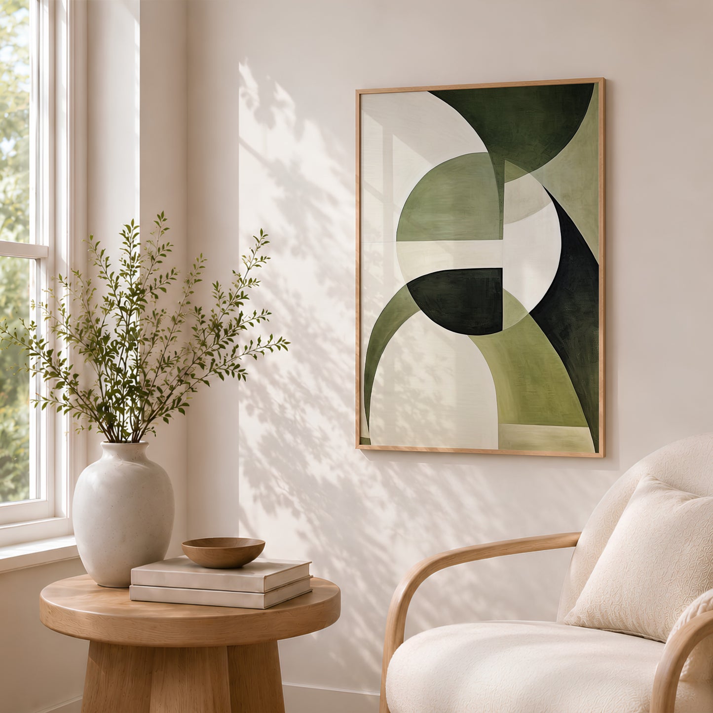 green licing room wall art print with geometric shapes in a retro style