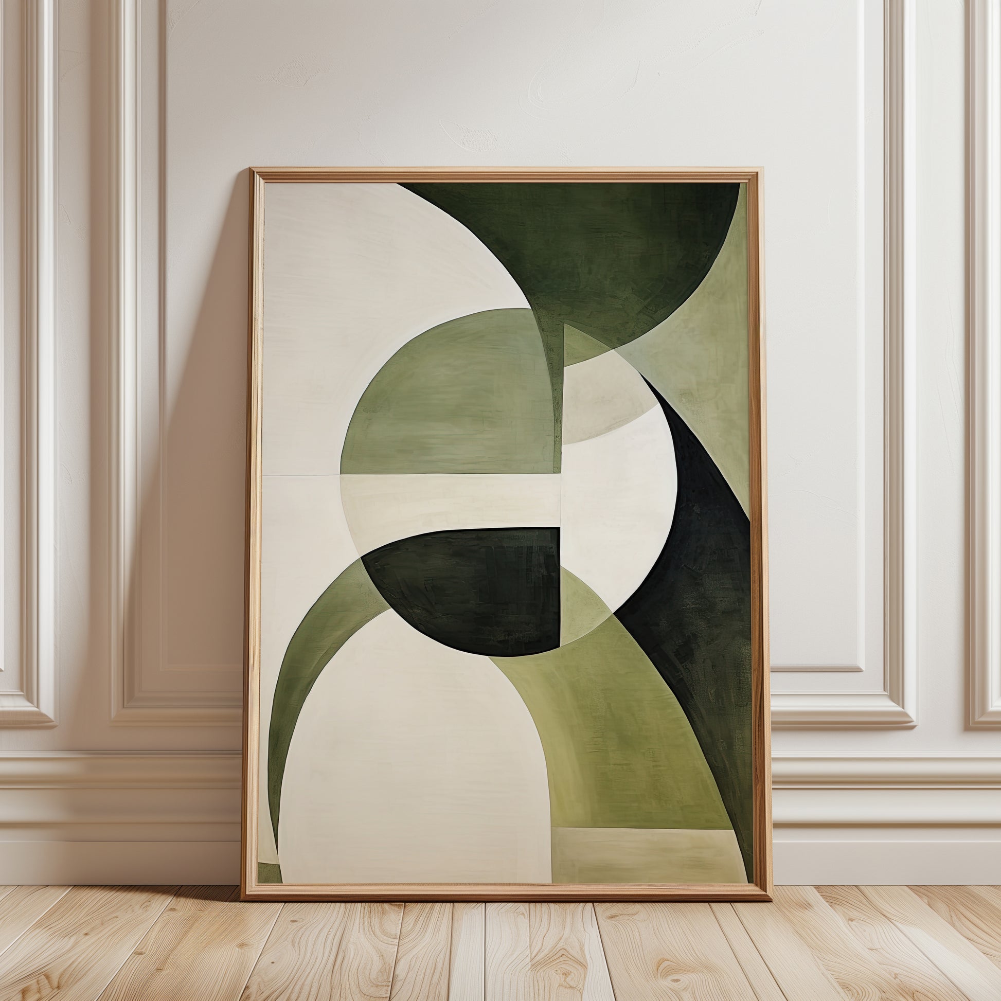 green wall art print with geometric shapes in shades of green