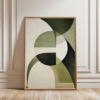green wall art print with geometric shapes in shades of green