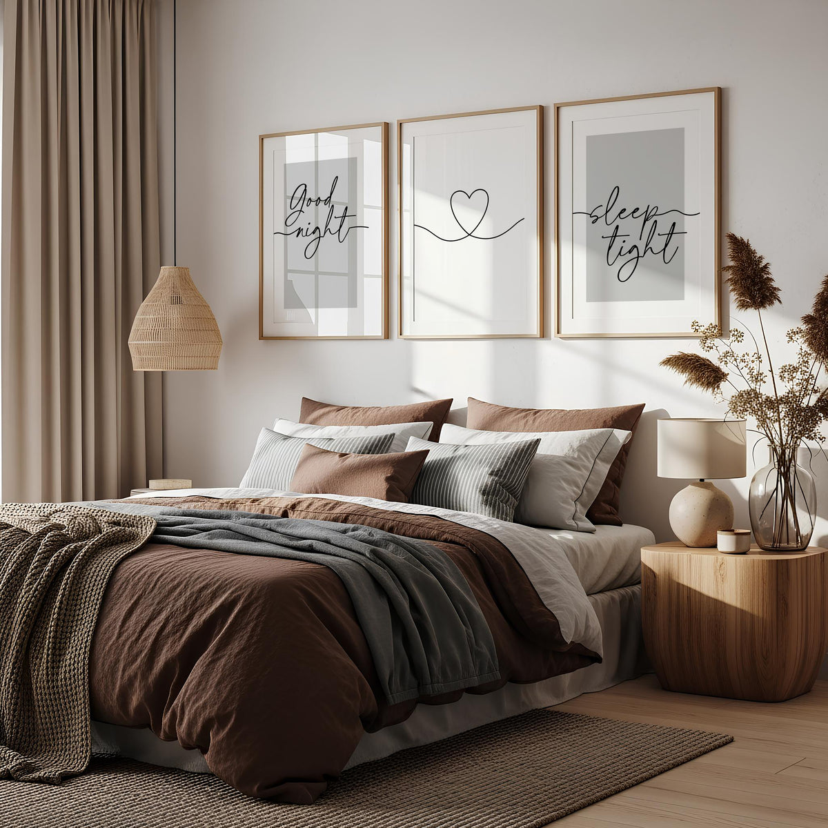 Grey bedroom wall art, set of 3 posters with bedtime quotes GOOD NIGHT and SLEEP TIGHT