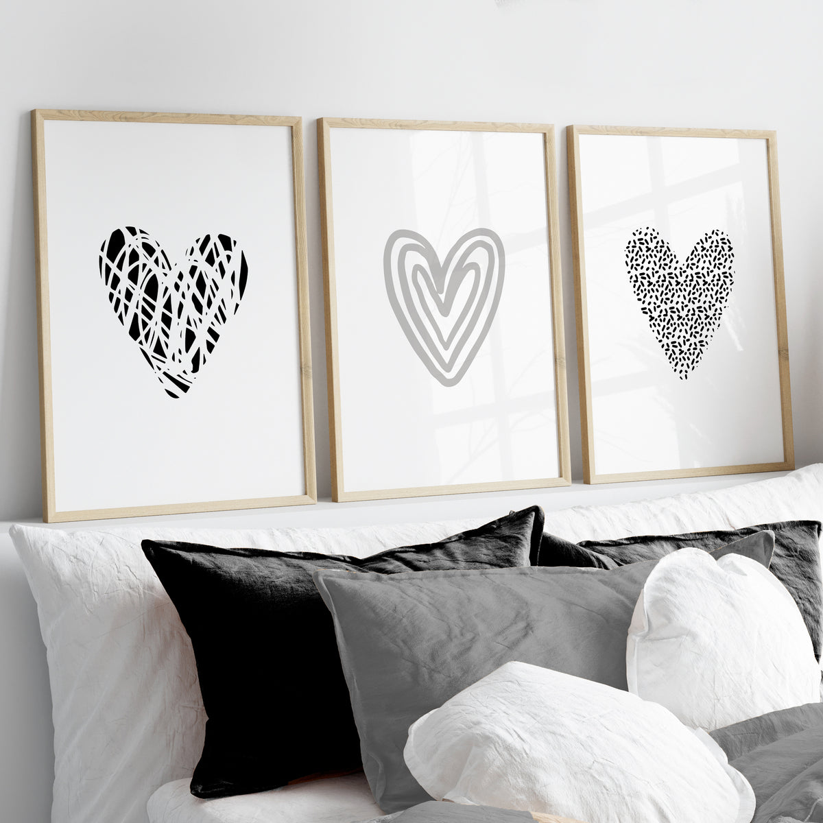 grey and black minimalist bedroom prints, above bed wall art