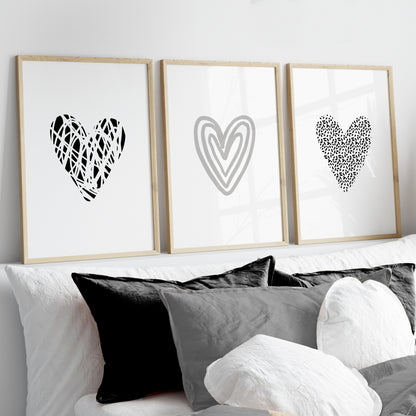 grey and black minimalist bedroom prints, above bed wall art