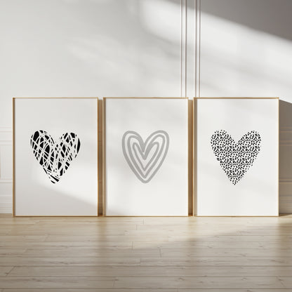 grey and black minimalist love heart prints for bedroom