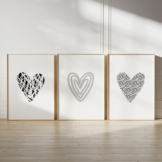 grey and black minimalist love heart prints for bedroom