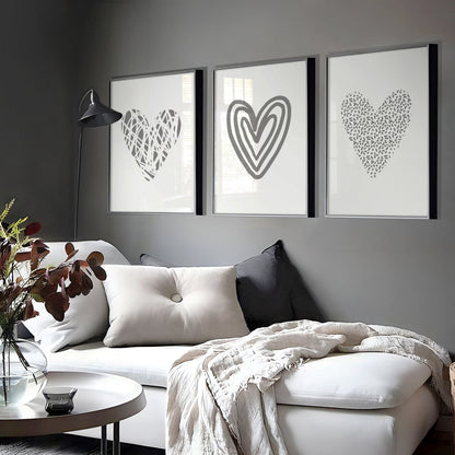 Set of 3 Grey Love Heart Bedroom Wall Art Prints