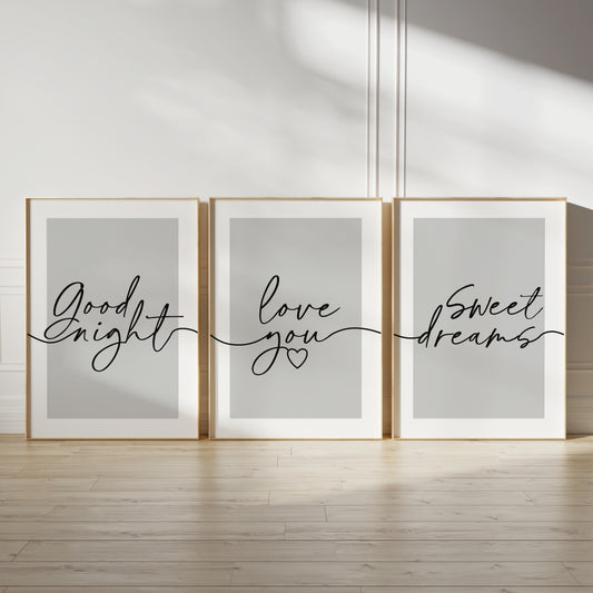 grey bedroom wall art prints, set of 3 posters