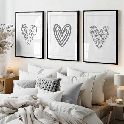 Set of 3 Grey Love Heart Bedroom Wall Art Prints