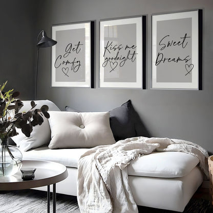 Set of 3 Bedroom Prints, Get Comfy, Sweet Dreams, Grey