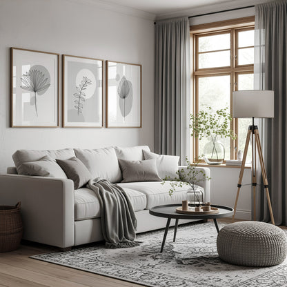 Grey living room prints with botanical line art and abstract shapes, set of three home wall art prints