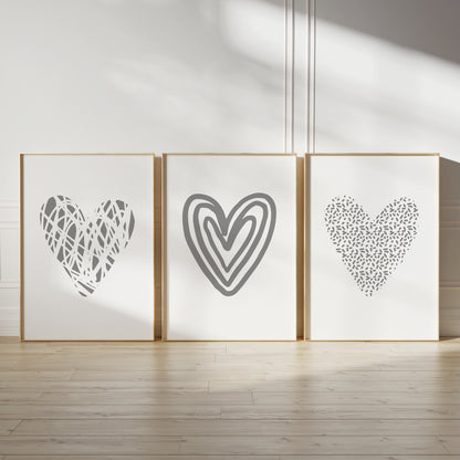 grey love heart bedroom wall art prints