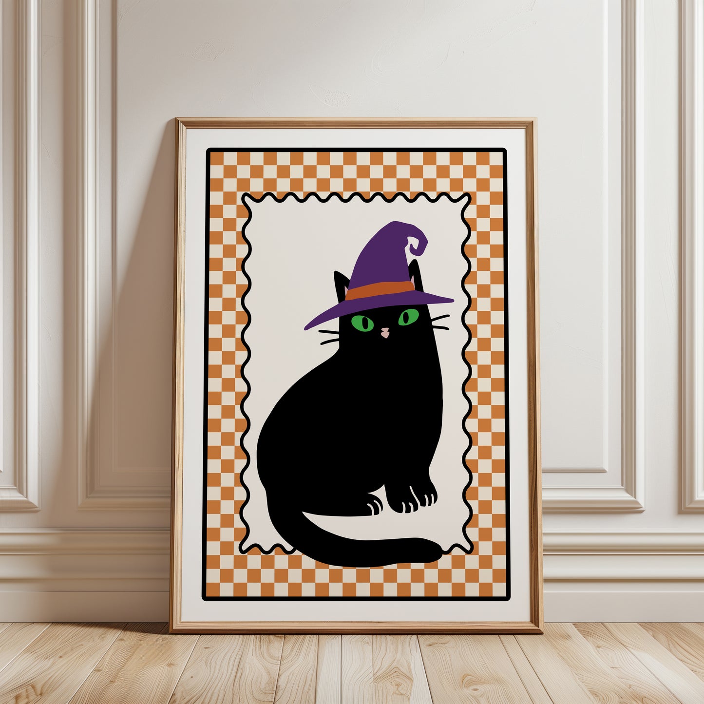 halloween black cat wall art print with a orange chequered border