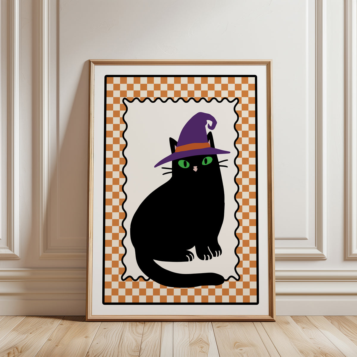 halloween black cat wall art print with a orange chequered border