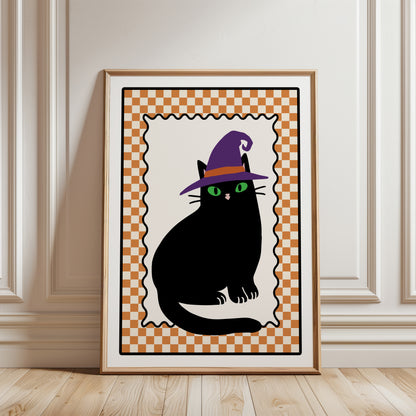 halloween black cat wall art print with a orange chequered border