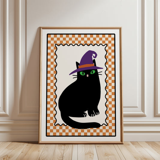 halloween black cat wall art print with a orange chequered border