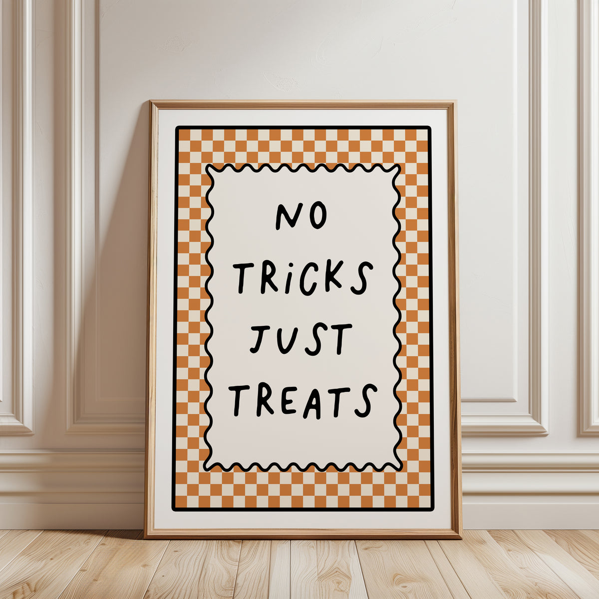 Halloween decor, wall art print in orange, beige, black and white with quote NO TRICKS JUST TREATS