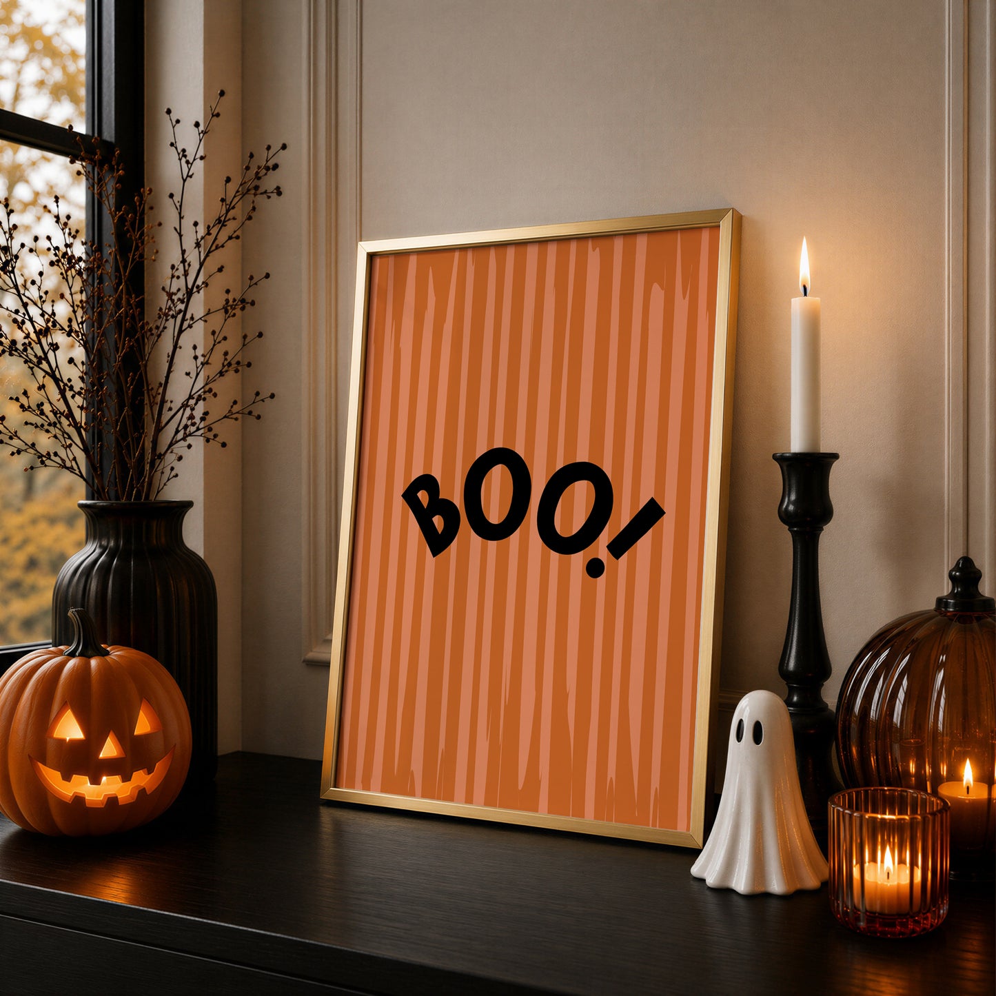 halloween home decor, wall art print with text BOO on an orange stripe background