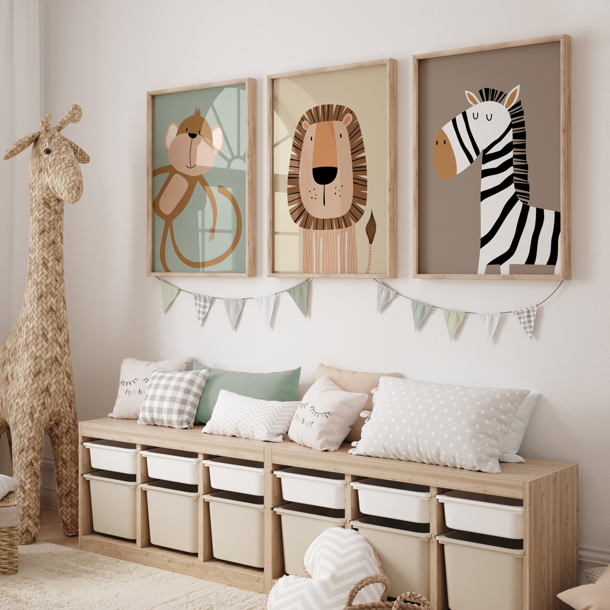 illustrated safari animal nursery prints, monkey, lion and zebra