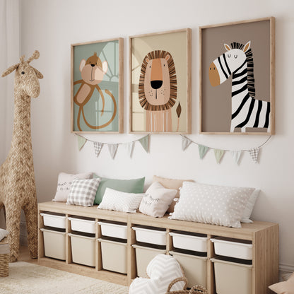 illustrated safari animal nursery prints, monkey, lion and zebra