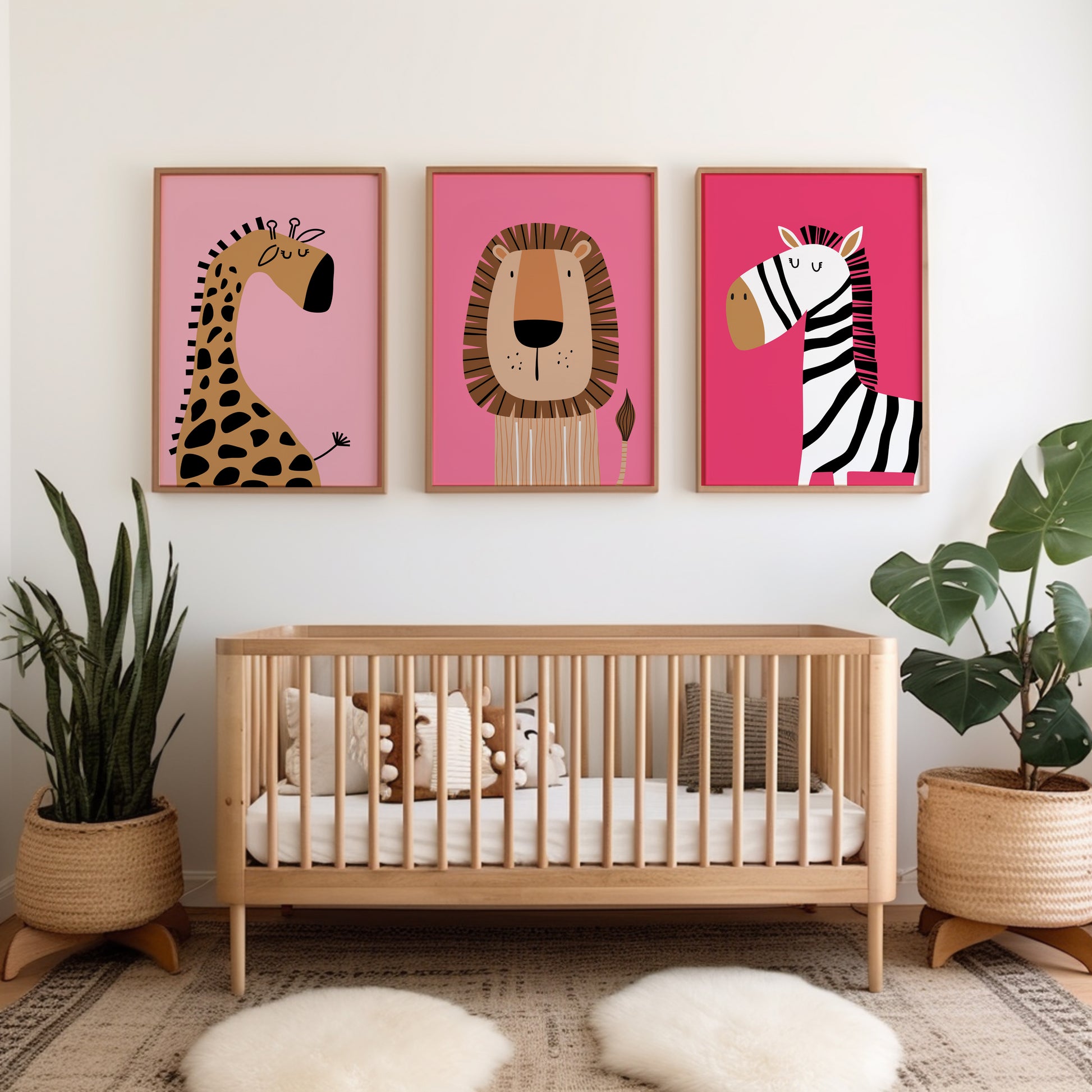 illustrated safari animal print in pink, giraffe, lion and zebra, set of 3 posters