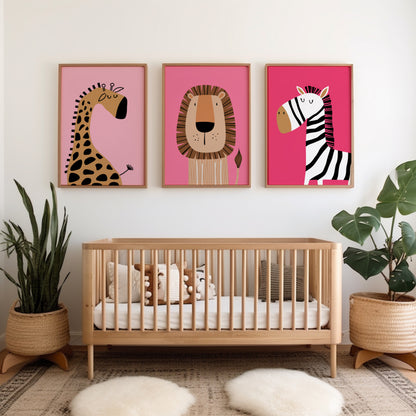 illustrated safari animal print in pink, giraffe, lion and zebra, set of 3 posters