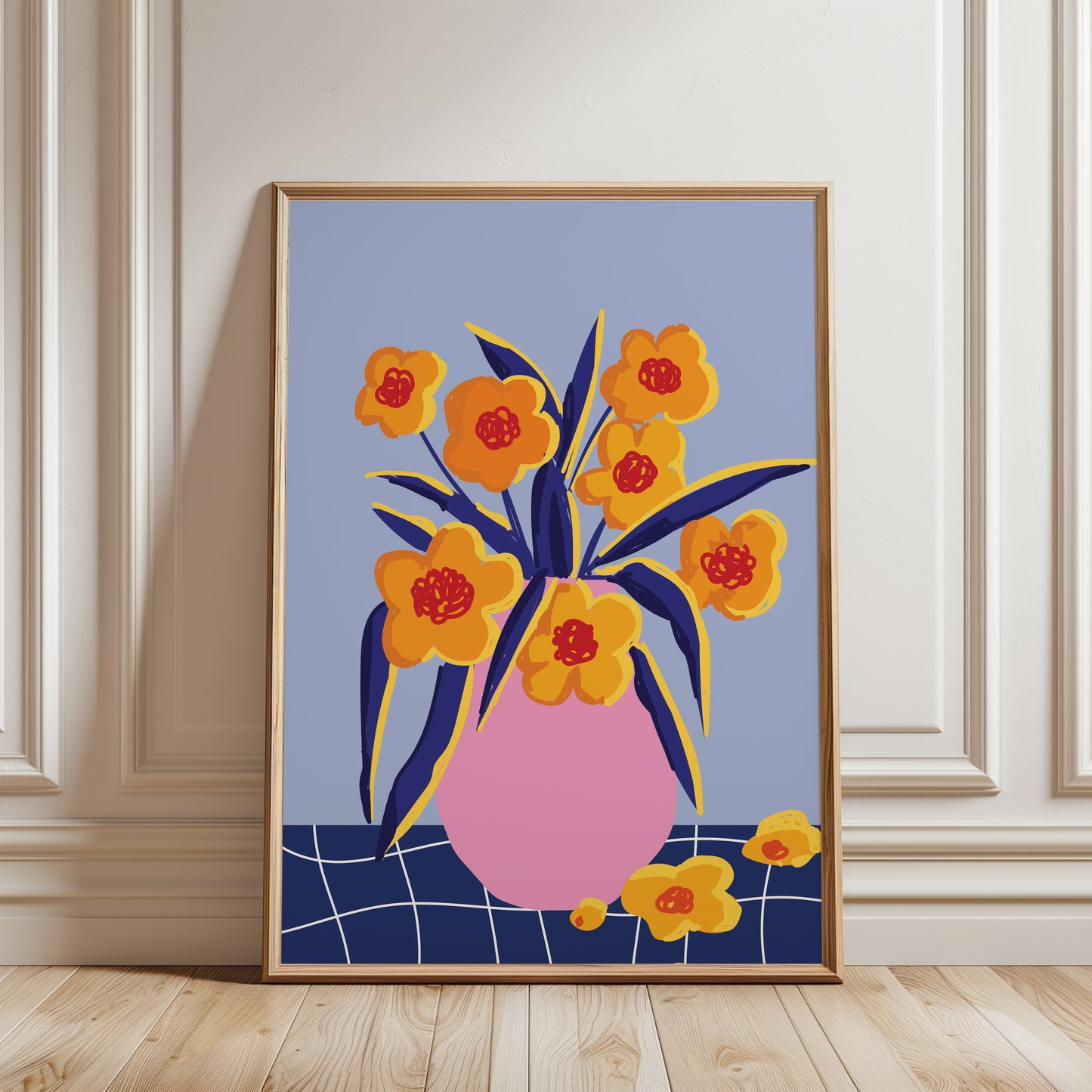 colourful kitchen wall art of yellow flowers in a pink vase on a blue background