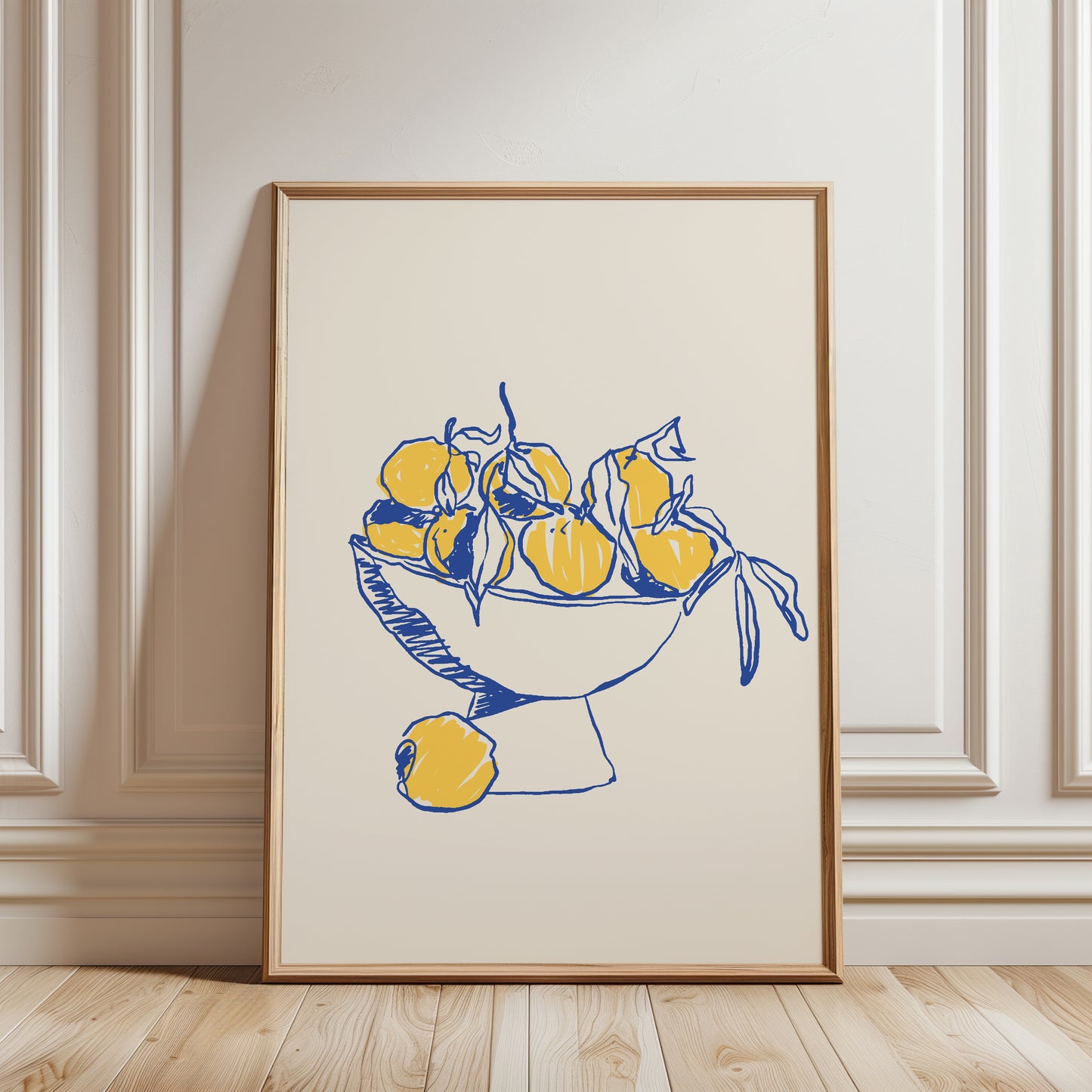 Hand drawn lemons in fruit bowl, modern kitchen wall art