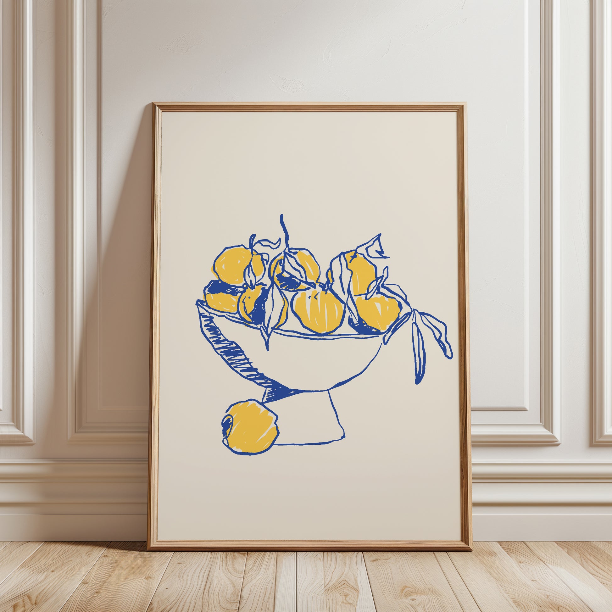 Hand drawn lemons in fruit bowl, modern kitchen wall art
