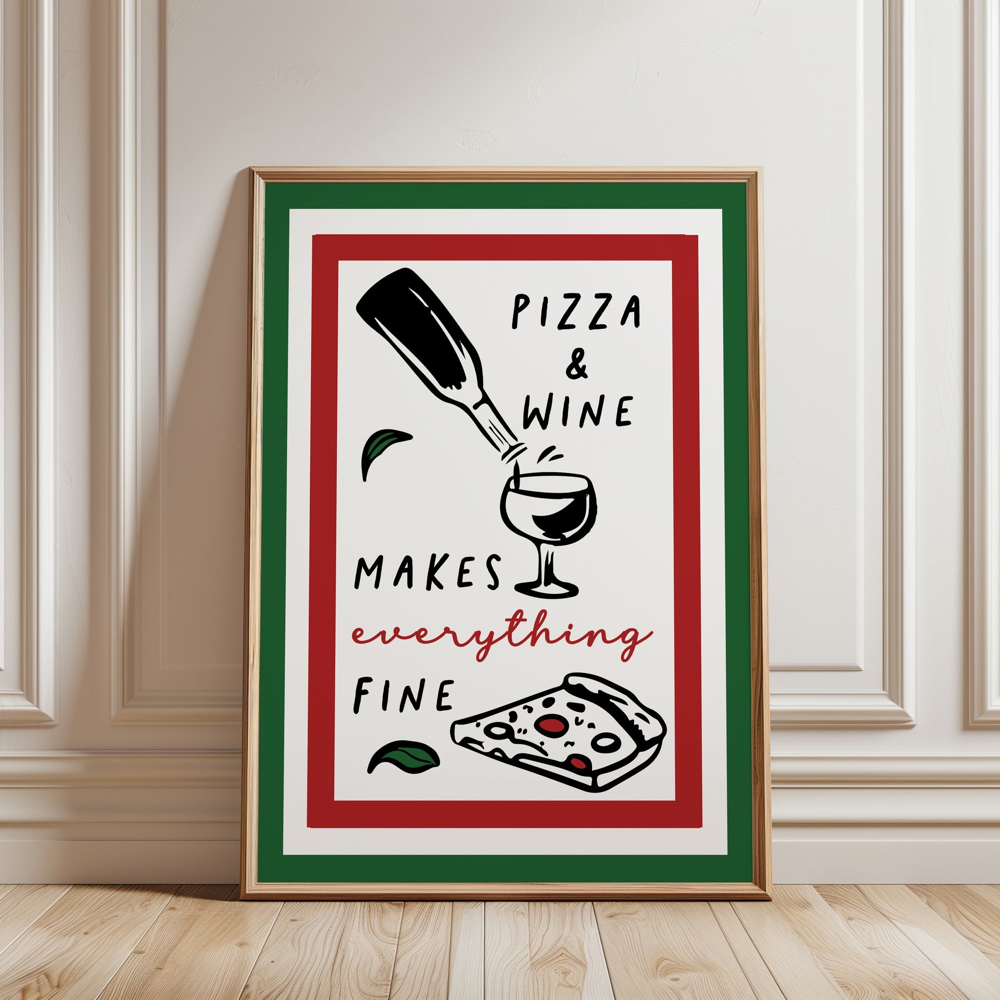 Italian kitchen print of pizza and wine