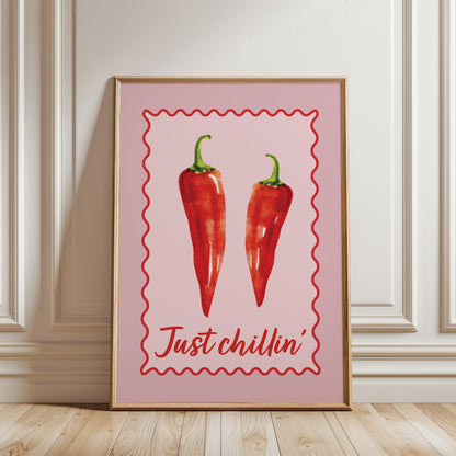 Trendy kitchen wall art print "just chillin" in pink and red