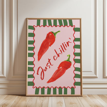 funky kitchen wall art print with chilli peppers and quote "JUST CHILLIN"