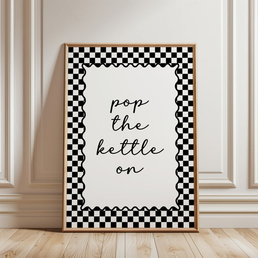 kitchen print in black and white with modern chequered border