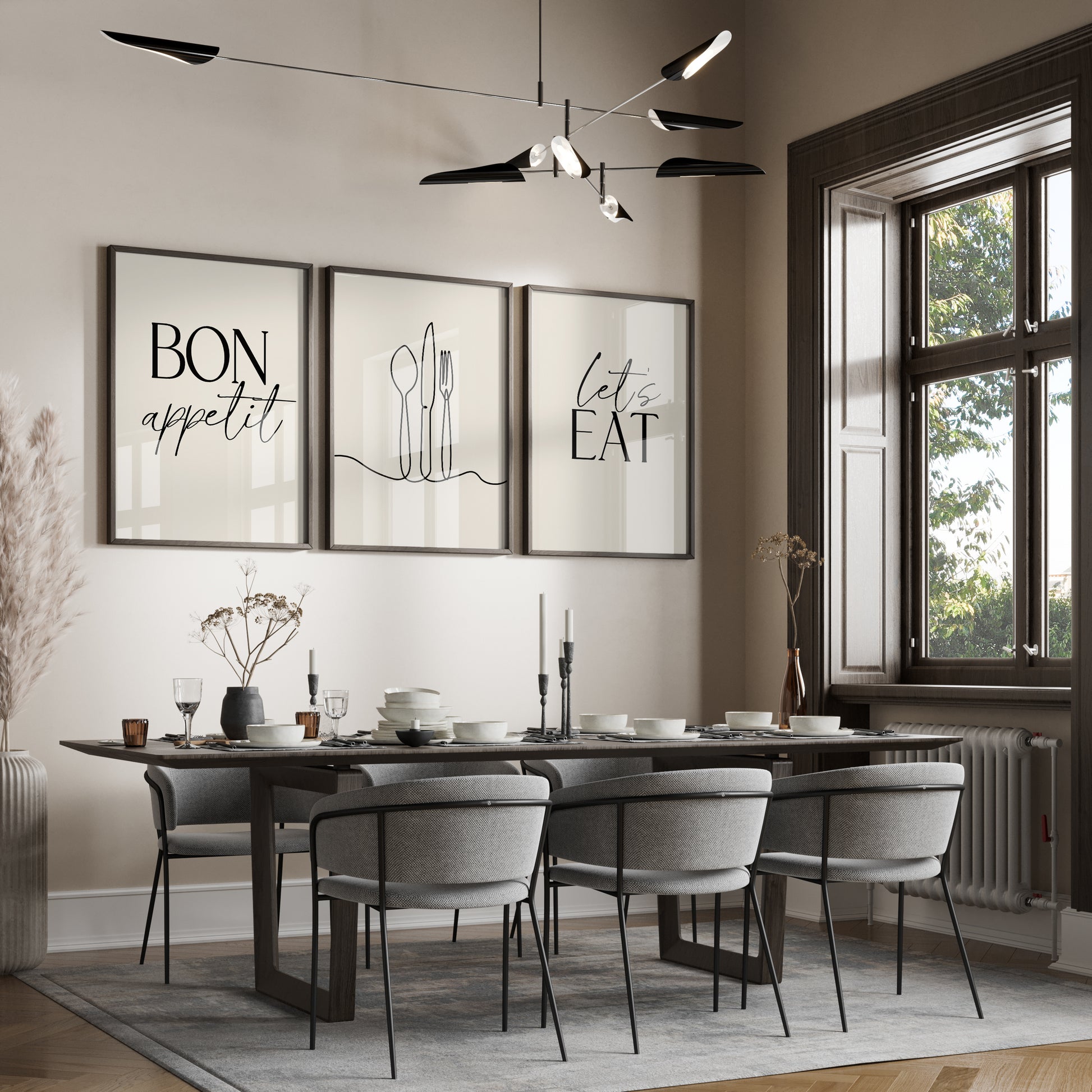 set of 3 neutral beige dining room prints, kitchen wall art
