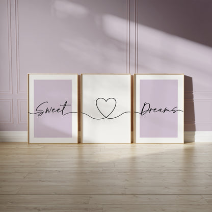 Set of 3 Bedroom Art Prints, Sweet Dreams, Lilac