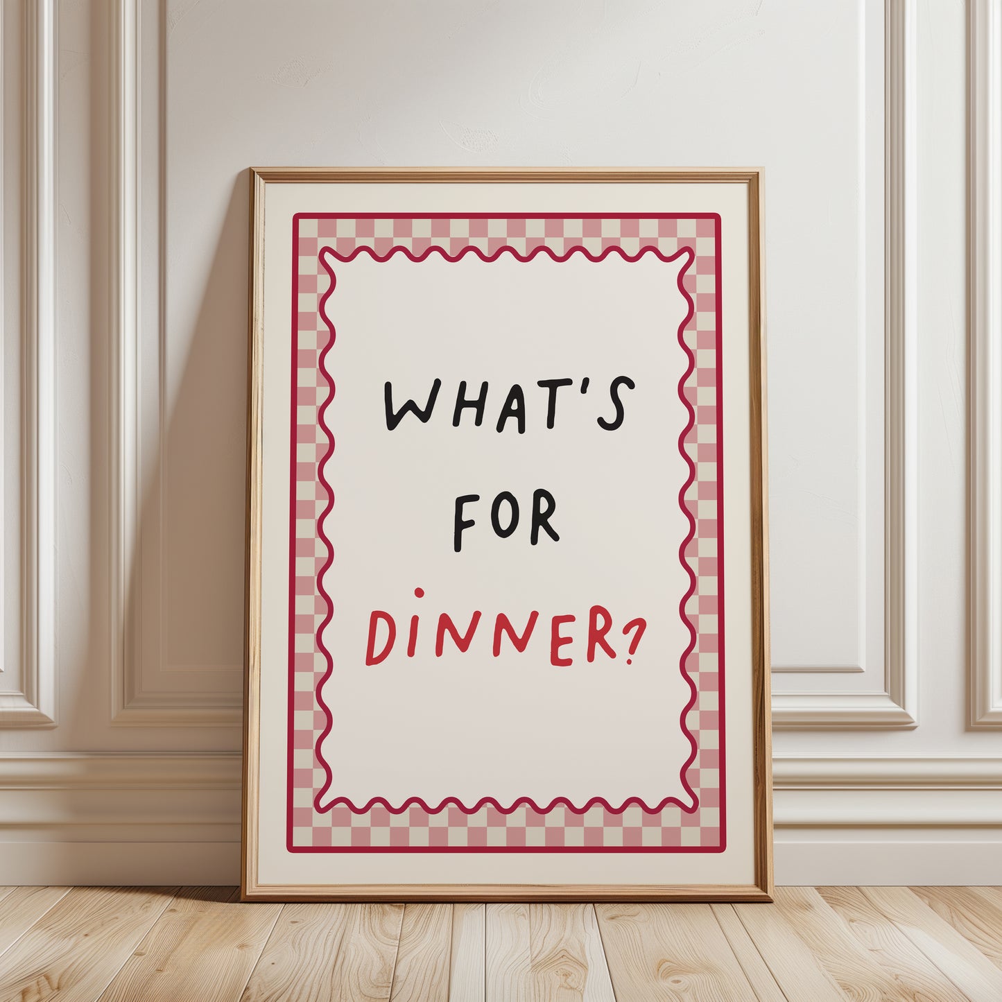 pink kitchen wall art print with typography reading "HATS FOR DINNER?"