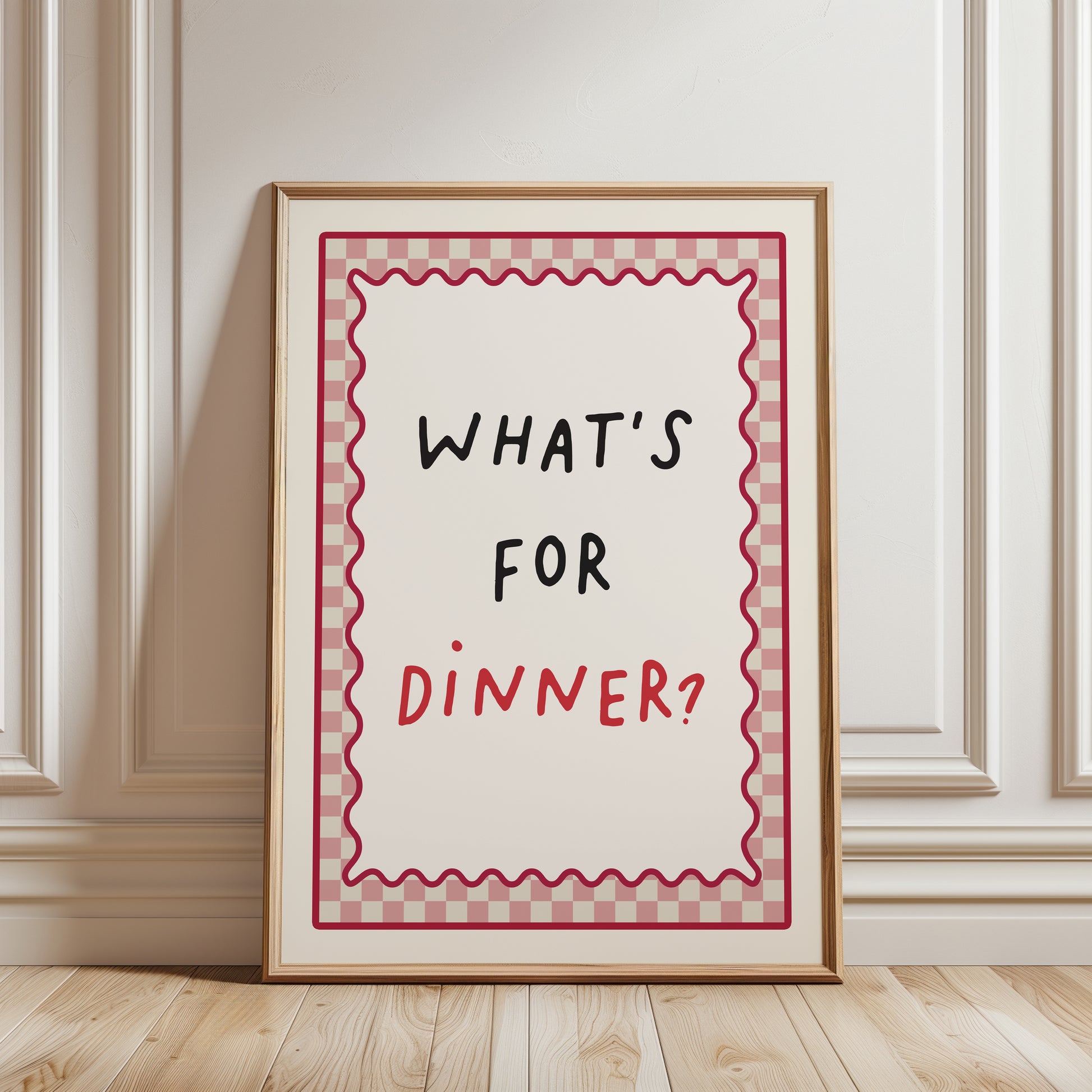 pink kitchen wall art print with typography reading "HATS FOR DINNER?"