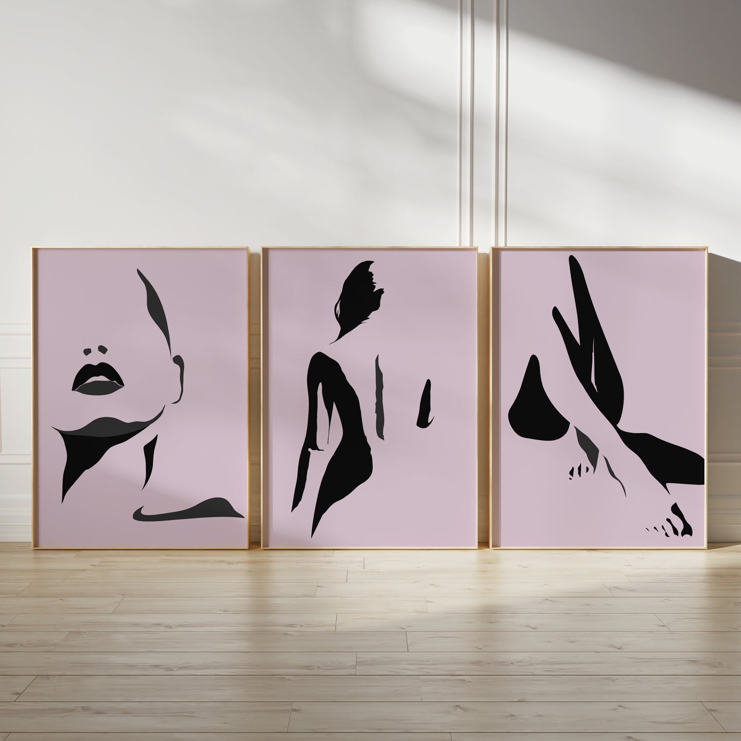 Lilac bedroom prints with abstract women, set of three wall art posters